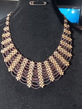 Handwoven Brown and Gold Beaded Statement Necklace - Unbranded